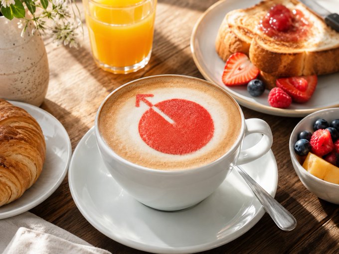 A breakfast setting featuring a cappuccino with a red Mars symbol latte art, accompanied by toast with jam and berries, a croissant, orange juice, and a bowl of fresh fruit.