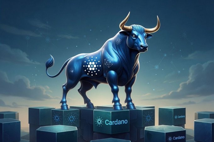 A metallic blue bull with golden horns stands triumphantly atop Cardano-branded blocks under a starry sky, symbolizing bullish confidence in the cryptocurrency, with the "Cardano" name and logo clearly displayed on the platforms below.