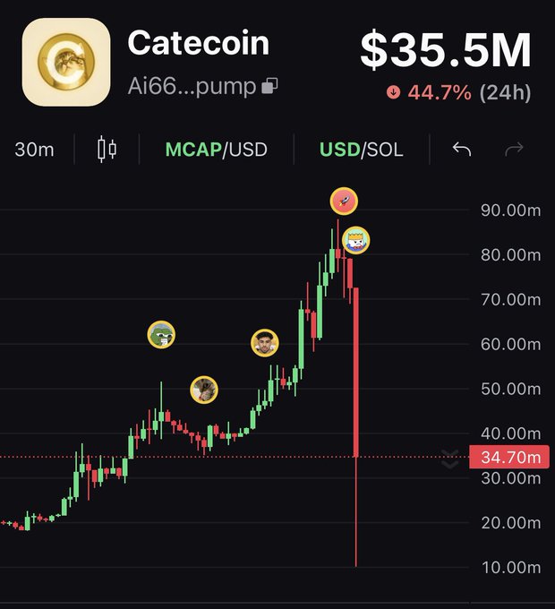 The image shows a candlestick chart of Catecoin (CATE) with a market cap that surged to over $90M before crashing 44.7% in 24 hours, currently sitting at $35.5M (marked at 34.70m on the chart). This dramatic price action—evidenced by the long red candle at the right side—visually explains the post's shock at what happened to $CATE.