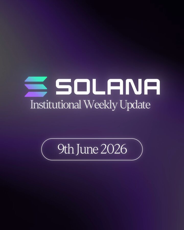 The image features a purple background with white text that reads "Solana Institutional Weekly Update 9th June 2026". This information suggests that the image is related to an update or release of the Solana cryptocurrency, which has been posted on social media platforms for users to stay informed about its progress.