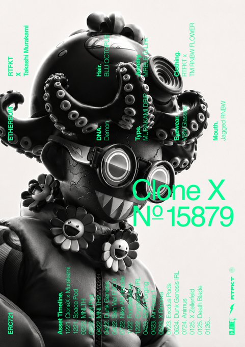 A 3D-rendered black vinyl-style designer toy figure featuring octopus tentacles and flower details is labeled 'Clone X No 15879' by RTFKT and Takashi Murakami, with metadata listing traits like Eyeswear VDAY Glass and Mouth Jagged.