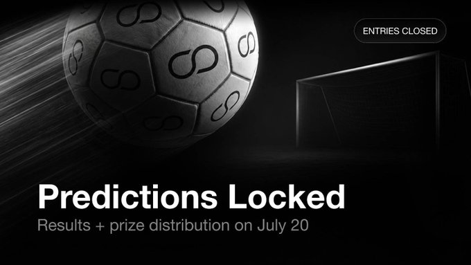 A dark promotional graphic for c8ntinuum featuring a stylized soccer ball and goal, with text reading "Entries Closed," "Predictions Locked," and "Results + prize distribution on July 20," tying into the post about a World Cup-themed prediction challenge now closed with winners to be announced after the final.