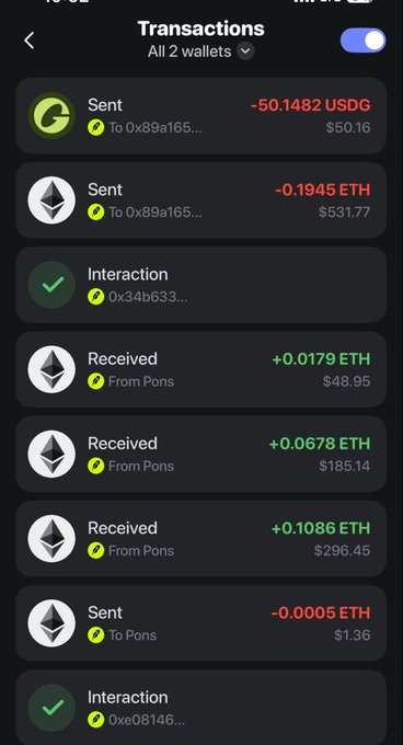 A screenshot of a cryptocurrency transactions page showing sent and received ETH and USDG transactions with wallet addresses starting with 0x89a165 and 0x34b633.
