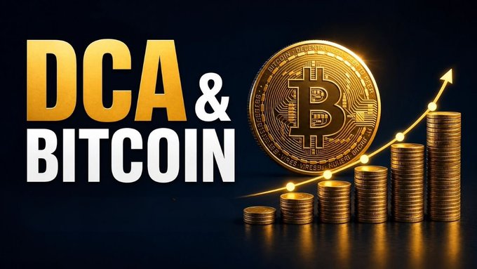 The image features bold text "DCA & BITCOIN" alongside a large gold Bitcoin coin and stacks of coins rising in a staircase pattern with an upward arrow, symbolizing dollar-cost averaging as a long-term Bitcoin investment strategy. The post's discussion of Bitcoin's slow price recovery—hovering around $64,000 and 49% below its peak—ties into the image's promotion of DCA as a steady, disciplined approach to building crypto holdings despite market underperformance.