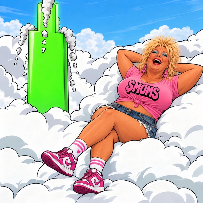 An illustrated woman wearing a pink "$MOMS" shirt, pink sneakers, and blonde hair laughs while lounging on clouds beside a giant green exclamation mark.