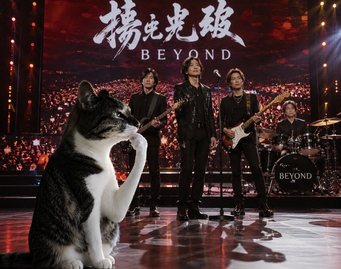 The image shows a cat sitting thoughtfully in front of a band performing on stage with "BEYOND" displayed prominently on the backdrop and drum kit, suggesting a triumphant, enduring spirit that aligns with the caption's message of lasting victory.