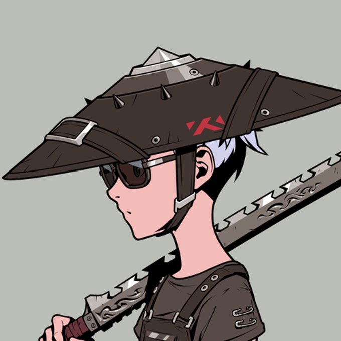 A digital illustration of a character with white hair wearing a wide, spiked brown hat, sunglasses, and a black outfit, carrying a large serrated sword over their shoulder.
