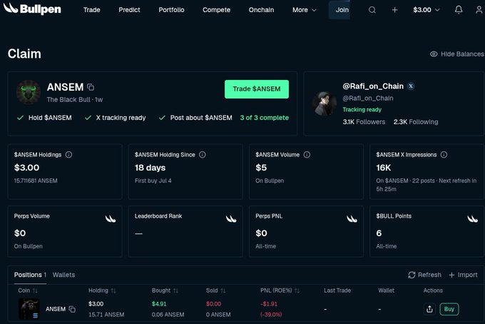 A Bullpen trading dashboard showing $ANSEM holdings, volume metrics, and a position with -39.90% PNL.