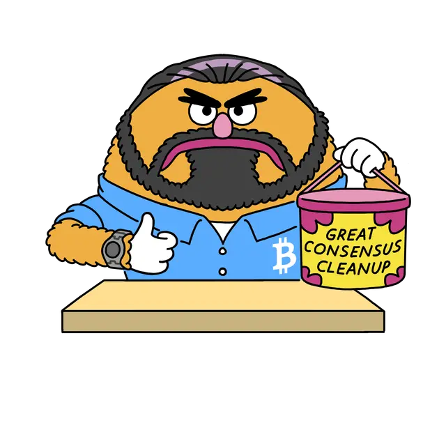 A stern cartoon character with a beard and Bitcoin logo on his shirt holds a pink bucket labeled "GREAT CONSENSUS CLEANUP," illustrating the discussion of BIP54's consensus cleanup initiative in episode 35 of @ready4merge.