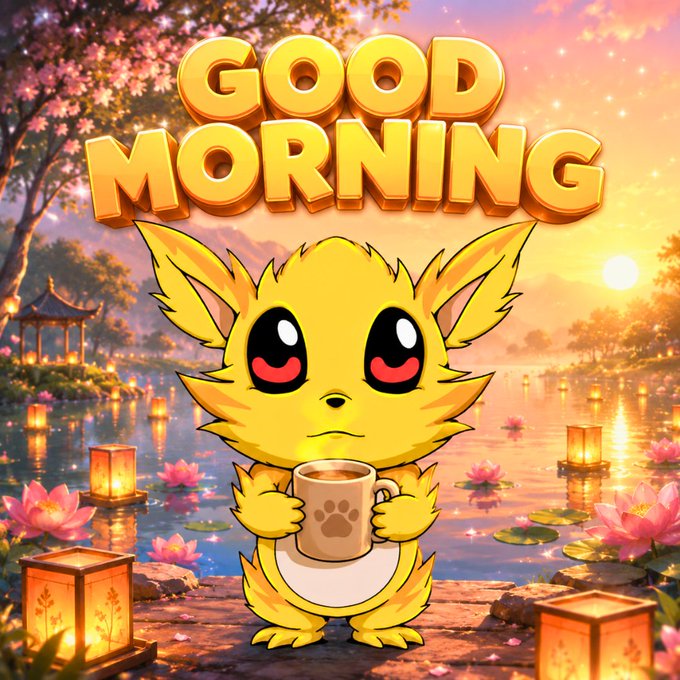 A cute yellow furry creature holding a coffee mug stands before a serene sunrise lake scene adorned with lanterns and lotus flowers, beneath bold golden "GOOD MORNING" text—perfectly setting the cheerful morning vibe for the Companeons GM giveaway post celebrating their expanding NFT ecosystem.