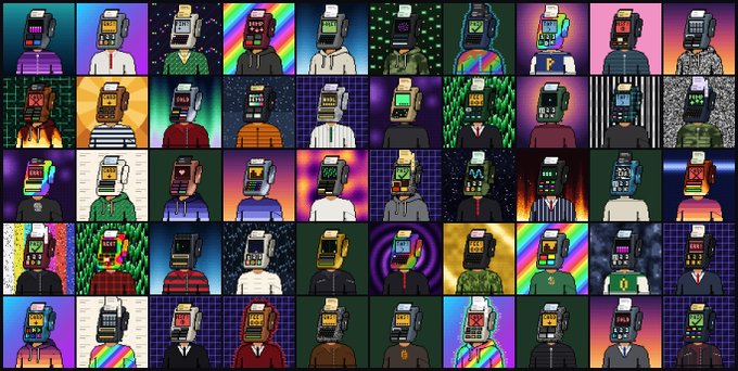 A colorful grid collage of NFT-style cartoon characters with boxy TV-heads wearing various outfits and glitch-style backgrounds.