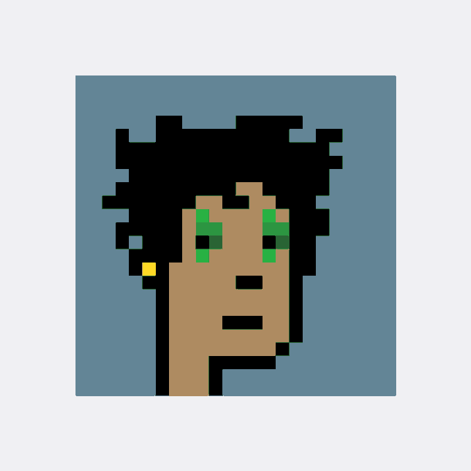 A pixel art portrait of a character with spiky black hair, green eyes, and a yellow earring on a solid blue-gray background.