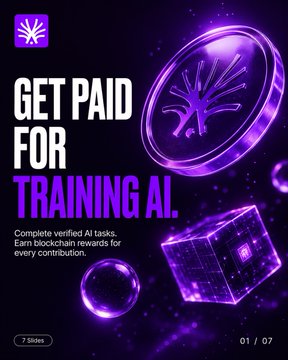 A purple-themed graphic advertises "GET PAID FOR TRAINING AI," stating "Complete verified AI tasks. Earn blockchain rewards for every contribution," with visual elements including a brain-like sphere and blockchain cube marked "01 / 07" in the corner. The image complements the post's message by promoting ActionFi as a platform where users can complete real, useful AI tasks to earn blockchain-based rewards, positioning airdrop hunters to engage with meaningful work rather than low-value farming tasks.