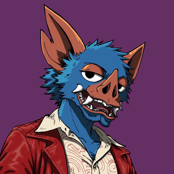 A stylized cartoon illustration of a blue, anthropomorphic bat-like creature with large pointed ears, sharp fangs, and a red jacket, set against a purple background.