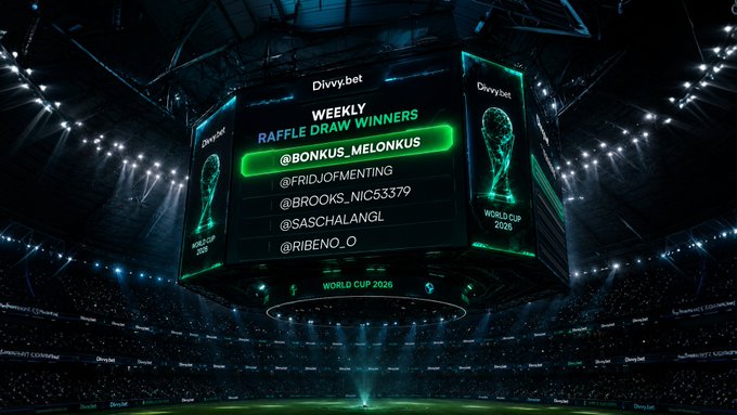 A digital jumbotron in a stadium displays "Divvy.bet WEEKLY RAFFLE DRAW WINNERS" for the World Cup 2026, listing handles like @BONKUS_MELONKUS and @FRIDJOFMENTING.