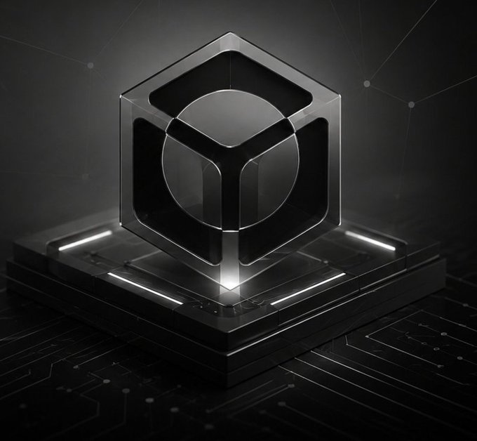 A dark, sleek 3D rendering of a metallic hexagonal logo with a circular center, displayed on a glowing platform with circuit-like patterns on the floor.