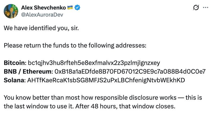 A screenshot of a tweet from Alex Shevchenko (@AlexAuroraDev) demanding the return of funds to specific Bitcoin, BNB/Ethereum, and Solana addresses within 48 hours.