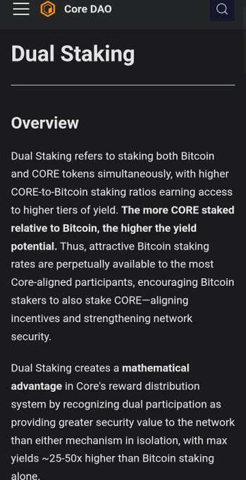 A screenshot from the Core DAO website explaining 'Dual Staking' which refers to staking both Bitcoin and CORE tokens simultaneously for higher yield.