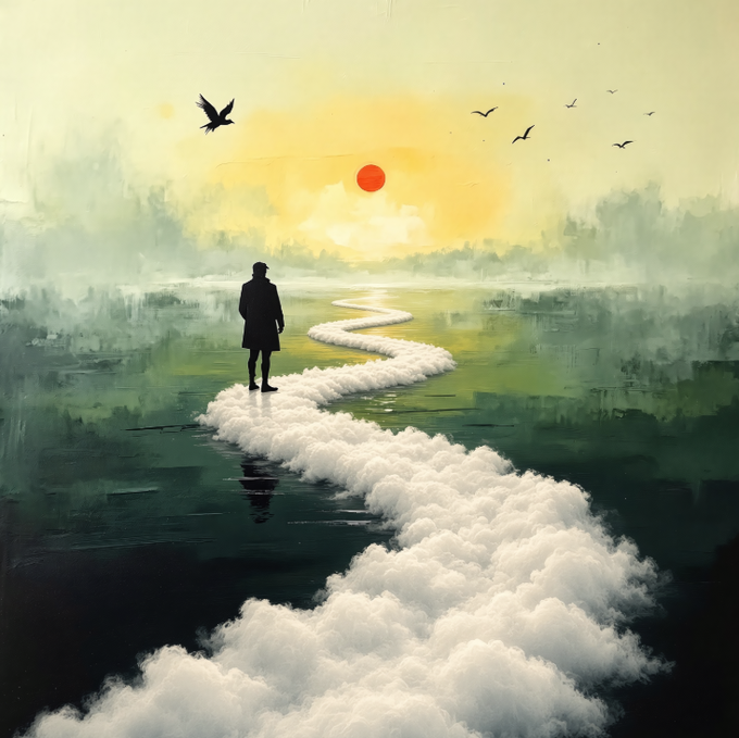 A painted scene shows a silhouetted figure in a coat and hat standing on a winding path of white clouds over water, facing a glowing red sun with birds flying in a hazy yellow-green sky.