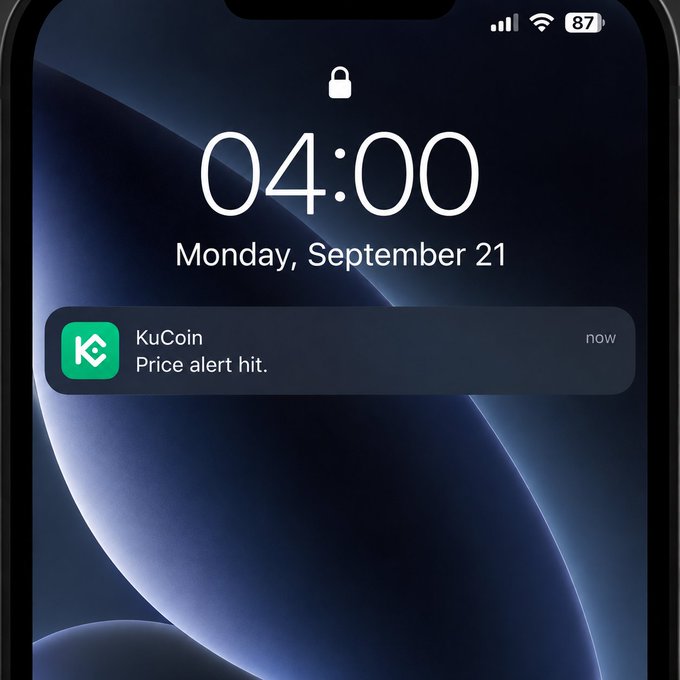 A phone lock screen displays "04:00, Monday, September 21" with a KuCoin notification reading "Price alert hit." The image ties into the caption by showing that KuCoin delivered a price alert in the early morning hours—reinforcing the message that the platform operates around the clock while users sleep.