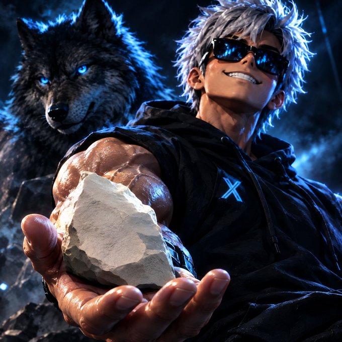 A muscular anime-style character with silver hair and sunglasses smiles while holding out a glowing white stone, accompanied by a blue-eyed wolf.