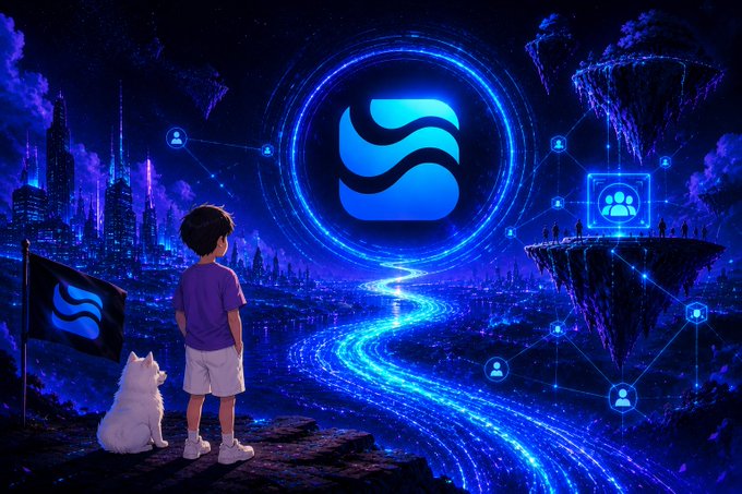 A young boy stands with a white dog beside a glowing blue "$RIVER" logo, gazing toward a futuristic cityscape and network of connected users, symbolizing the journey and community growth highlighted in the Season 6 announcement.