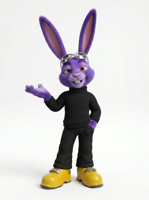 A purple anthropomorphic rabbit character with sunglasses perched on its head, wearing a black turtleneck, pants, and yellow boots, strikes a confident pose with one hand extended in a friendly gesture. The character's upbeat, welcoming demeanor pairs well with the cheerful "Gm CT frens" greeting, reinforcing a positive and approachable crypto community vibe to start the week.