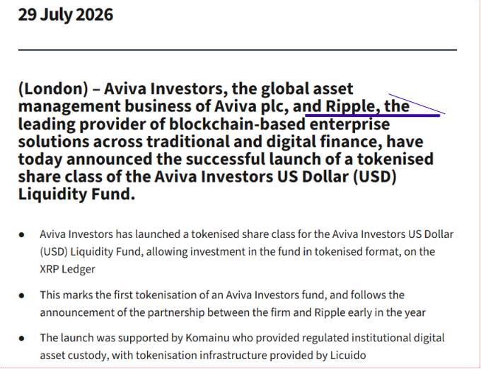 A dated press release (29 July 2026) from London announces that Aviva Investors, the asset management arm of Aviva plc, partnered with Ripple to launch a tokenised share class of its US Dollar Liquidity Fund on the XRP Ledger, with custody by Komainau and tokenisation infrastructure by Licuido—corroborating the post's claim of an institutional-grade tokenised fund now live on XRP infrastructure.