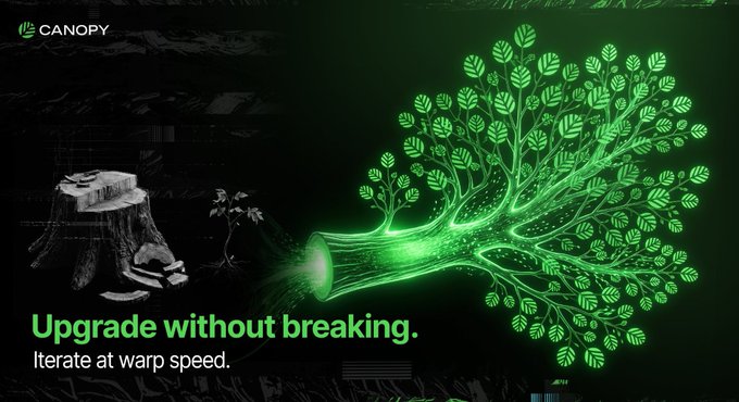 A Canopy Network advertisement with the tagline 'Upgrade without breaking. Iterate at warp speed,' featuring a glowing green tree emerging from a tree stump on a black background.