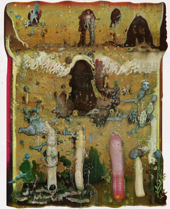 A highly detailed, surreal painting or mixed-media artwork featuring numerous small figures, creatures, and organic shapes on a textured, dripping surface with a predominantly yellow, orange, and earthy color palette.