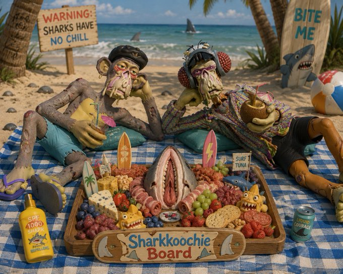 Two shark-headed zombie figures lounge on a beach towel beside an elaborate charcuterie spread labeled "Sharkoochie Board," complete with cocktail garnishes, surrounded by humorous warning signs reading "WARNING: SHARKS HAVE NO CHILL," "BITE ME," and "SURF TUNA." The satirical scene ties directly to the post's playful question about an Ape Fest speed-dating event, using the absurdity of a "shark dating" charcuterie board as a tongue-in-cheek visual gag about mingling with sharp-toothed company.