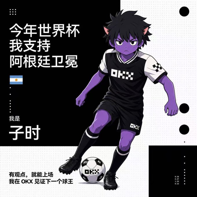 The image features a cartoon character dressed in purple soccer uniform, holding a soccer ball and standing next to a soccer goal. The background of the image has a black and white color scheme, which contrasts with the colorful soccer player's outfit. The text "Hello everyone, I'M Z Luo This year'S World Cup, I'M Rooting for the Argentina team I'LL be placing bets live on the OKX prediction market" is written in both English and Chinese, indicating that this image might have been created or shared by someone who speaks multiple languages. The post also mentions a soccer goal and a soccer player's outfit, suggesting that it could be related to a soccer event or competition.