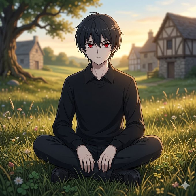 An anime-style illustration of a dark-haired male character with red eyes wearing an all-black outfit, sitting cross-legged in a grassy meadow with old European-style houses and a large tree in the background during golden hour.