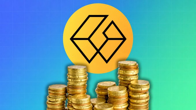 A graphic showing stacks of gold coins in front of a yellow circle containing the Binance logo, set against a blue and green gradient background.