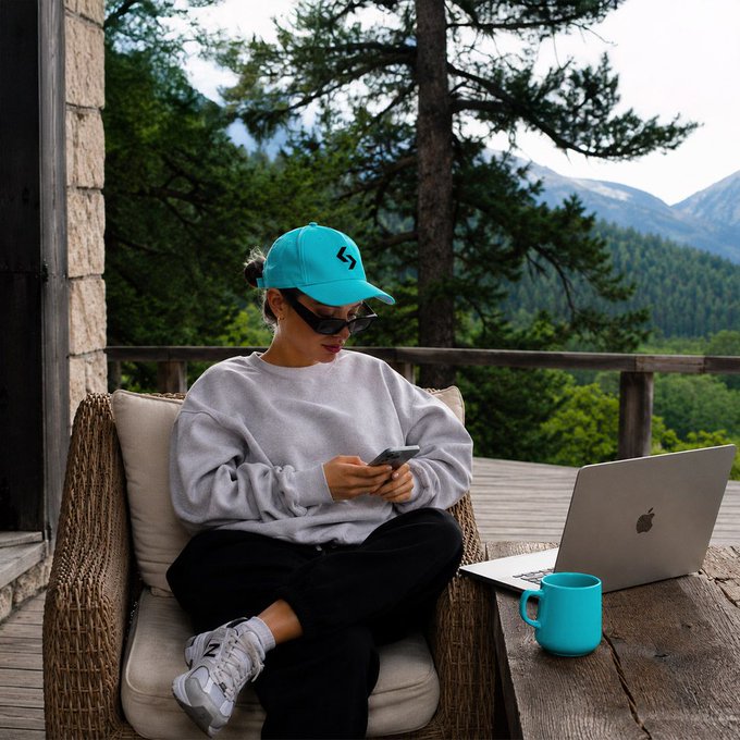 A woman wearing a turquoise cap, sunglasses, and a gray sweatshirt sits on a patio chair using her phone, with a MacBook and teal mug on a wooden table beside her, overlooking a forested mountain landscape.