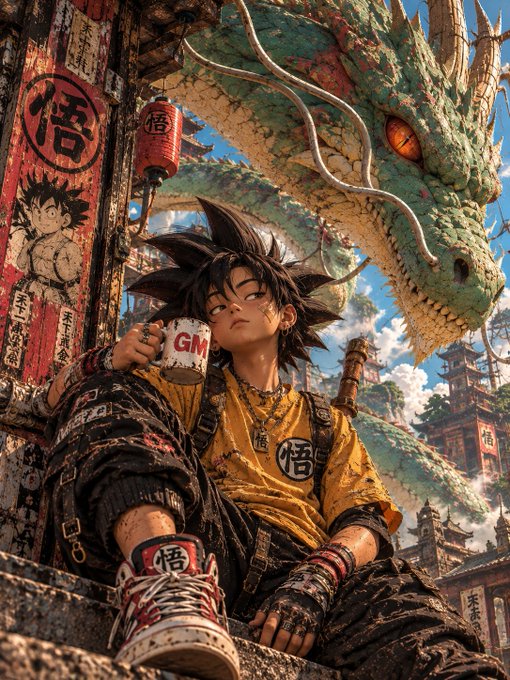 An anime-style illustration of a spiky-haired character resembling Goku from Dragon Ball, sitting casually while drinking from a mug marked 'GM' and wearing a yellow shirt with the '悟' (Go/Goku) kanji, with a massive green dragon looming in the background.