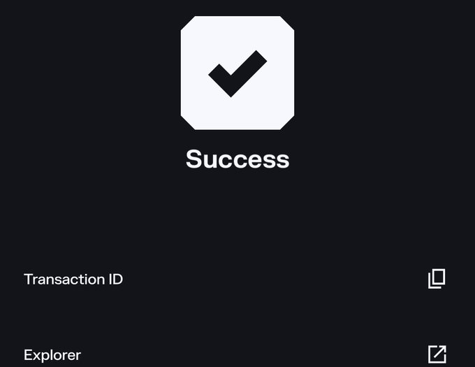 A dark screen with a white checkmark inside a polygon at the top, the word 'Success' below it, and fields for 'Transaction ID' and 'Explorer' accompanied by copy and open icons.