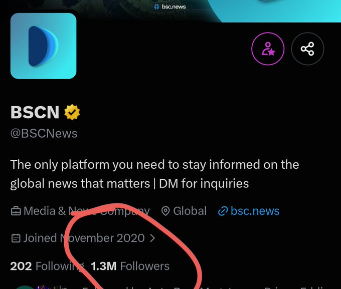 A screenshot of the BSCN (@BSCNews) Twitter/X profile showing 1.3M followers and a join date of November 2020, circled in red around the follower count—likely highlighting the account's reach as a credible platform for sharing news on topics like the $lunc cryptocurrency and Greenpeace collaborations.
