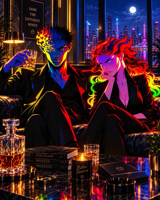 A vibrant neon-colored digital illustration of two stylish figures on a couch, one with fire-patterned skin holding a glass, the other with rainbow hair; a sign behind them reads 'SAME FIRE DIFFERENT MINDS' and books labeled 'DISCIPLINE', 'WEALTH', 'FREEDOM' sit near a candle labeled 'Better Versions'.