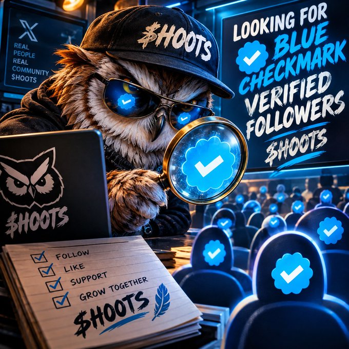 Promotional graphic of an owl character wearing sunglasses and a cap, with text reading "$HOOTS", "LOOKING FOR BLUE CHECKMARK VERIFIED FOLLOWERS $HOOTS", and a checklist including "FOLLOW", "LIKE", "SUPPORT", and "GROW TOGETHER".
