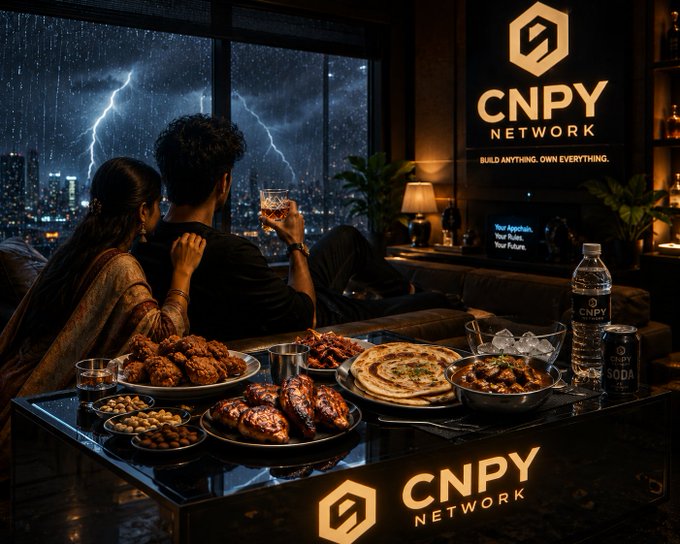 A couple enjoys a late-night feast in a sleek apartment while a dramatic lightning storm rages over the city skyline outside, with "CNPY NETWORK - BUILD ANYTHING, OWN EVERYTHING." illuminated on the wall, a water bottle, and the CNPY logo on the table tying the cozy, intimate scene to the project's brand. The stormy backdrop and glowing CNPY signage visually echo the post's message about CNPY Network standing out and "keeping them awake" during quiet nights in Web3.