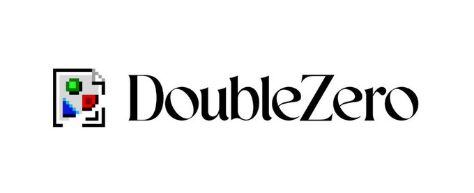 The DoubleZero logo featuring a pixelated bracket icon with red, green, and blue squares next to the brand name in black text.