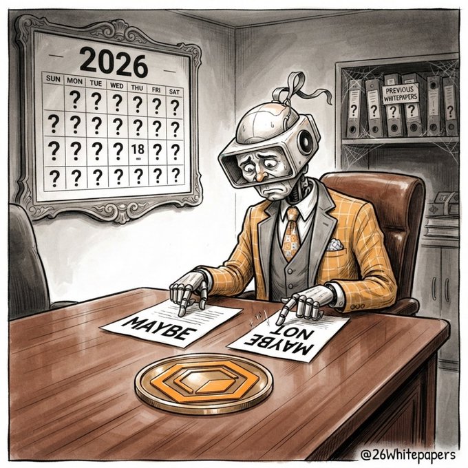 A cartoon illustration of a sad robot-headed executive in a yellow plaid suit sitting at a desk, choosing between 'MAYBE' and 'NOT MAYBE' papers, with a 2026 calendar full of question marks behind him and a 'PREVIOUS WHITEPAPERS' bookshelf, watermarked '@26Whitepapers'.
