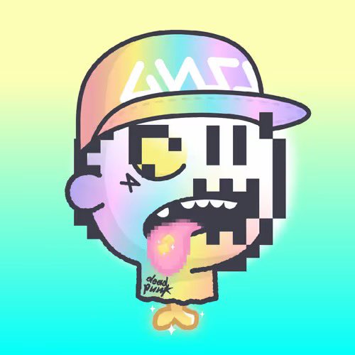 A digital artwork features a pixelated cartoon character wearing a rainbow cap with 'LINK' text, set against a gradient pastel background.