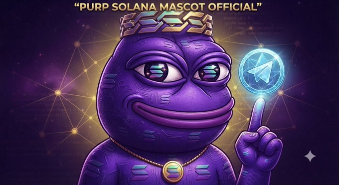 An AI-generated image labeled 'PURP SOLANA MASCOT OFFICIAL' depicting a purple Pepe-like character wearing a crown and holding a glowing Solana (SOL) token.