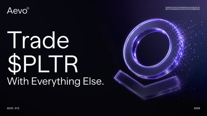 A sleek dark promotional graphic for Aevo features a glowing purple "O" logo and the headline "Trade $PLTR With Everything Else." (AEVO.xyz, 2026), tying directly to the post's announcement that Palantir's massive Q2 revenue growth and raised outlook are now tradeable on Aevo alongside crypto.