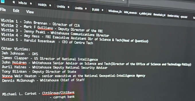 A computer screen displays a text file listing victims including John Brennan (CIA Director), Mark F Guiliano (FBI Deputy Director), and Michael L. Corbat of CitiGroup, with names like 'Quiliano', 'Psaki', 'Holdren', 'Weir Heaton', and 'CitiGroup/CitiBank' underlined in red.