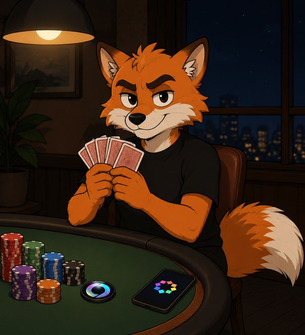 An illustrated cartoon features an anthropomorphic fox character holding playing cards at a green poker table, surrounded by stacks of colorful poker chips and a smartphone, with a city skyline visible through a window at night.
