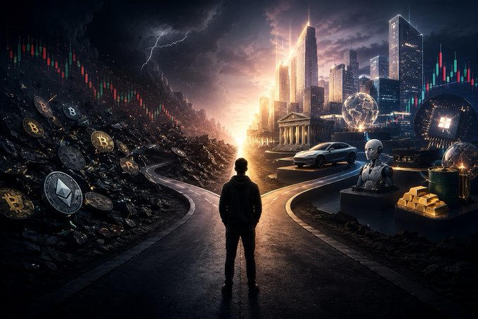 A digital artwork depicts a person standing at a crossroads, choosing between a dark, stormy path scattered with cryptocurrency coins (Bitcoin, Ethereum) and charts, and a bright, prosperous cityscape filled with luxury cars, gold bars, and advanced technology.