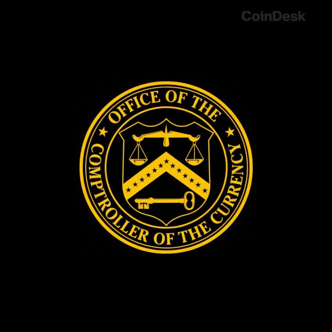 The image displays the gold and black seal of the "Office of the Comptroller of the Currency," featuring a shield with scales of justice, stars, and a key. The seal relates to the post as the OCC is the U.S. federal banking regulator referenced in the news about finalizing GENIUS Act stablecoin rules and beginning to process applications. A "CoinDesk" watermark appears in the upper right corner.